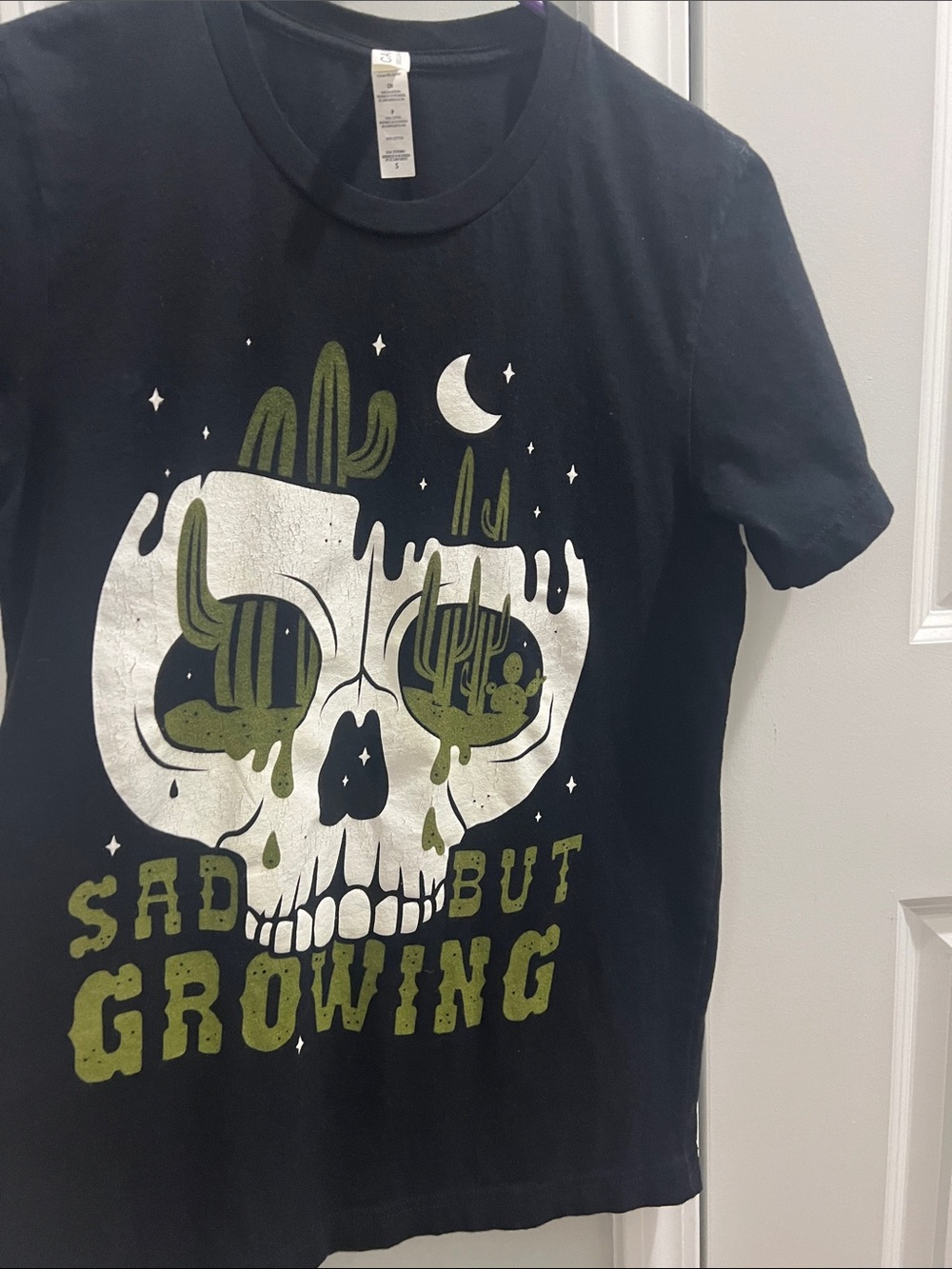 Sad But Growing Women's Black Graphic Tee - Skull & Cactus Design
